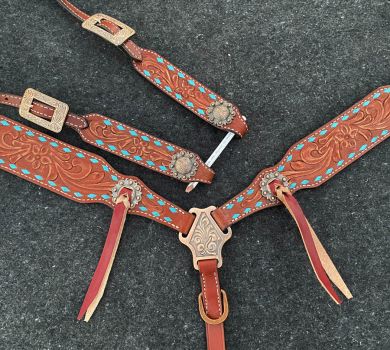 Showman Single ear headstall and breastcollar set with teal buck stitch trim #3